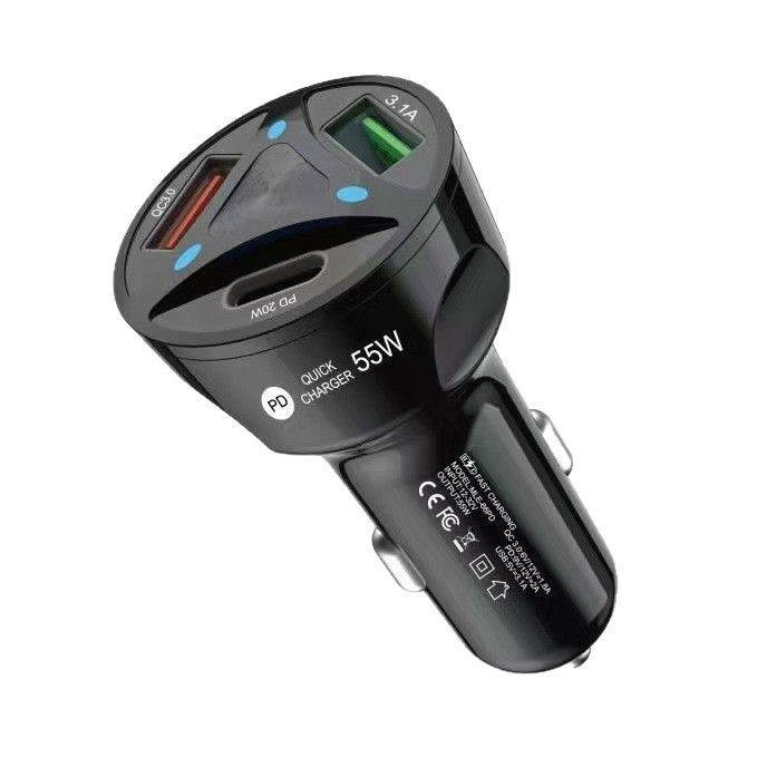 شارژر فندکی ۳ پورت ۵۵ وات فست شارژ QC3 با دو خروجی USB و یک خروجی PD